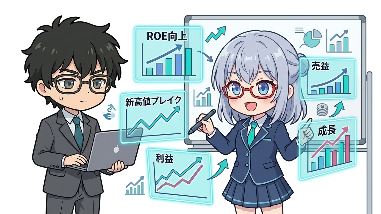 解説 - AIちゃんがホログラムのグラフや図を使ってROEや新高値ブレイクの概念をJさんに分かりやすく解説している。Jさんは納得した表情で見入っている。