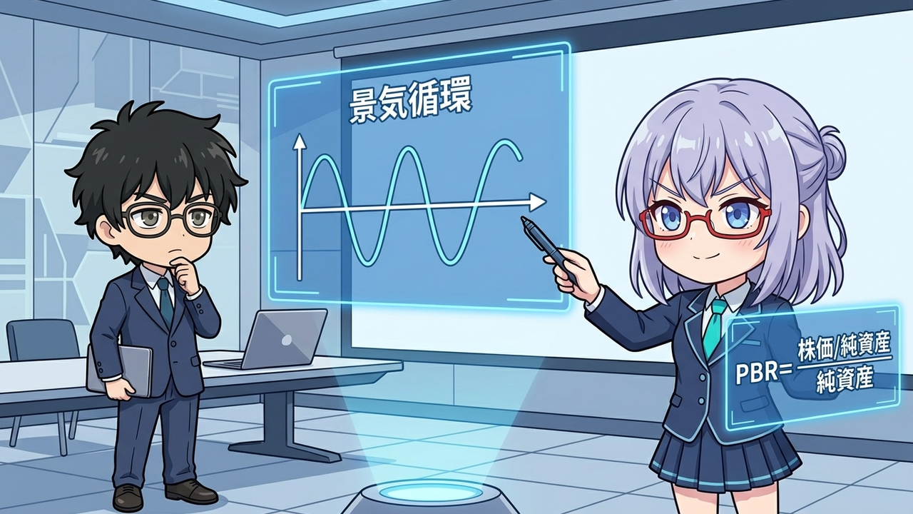 解説 - AIちゃんがホログラムでPBRやPERの計算式、景気サイクルを図解している
