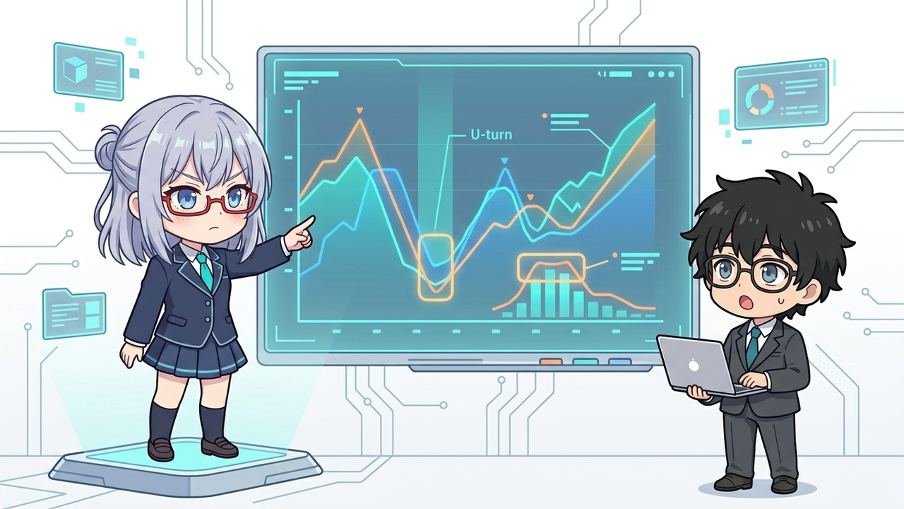 解説 - AIちゃんが日足チャートと「スクワット」の概念を図解しているイラスト