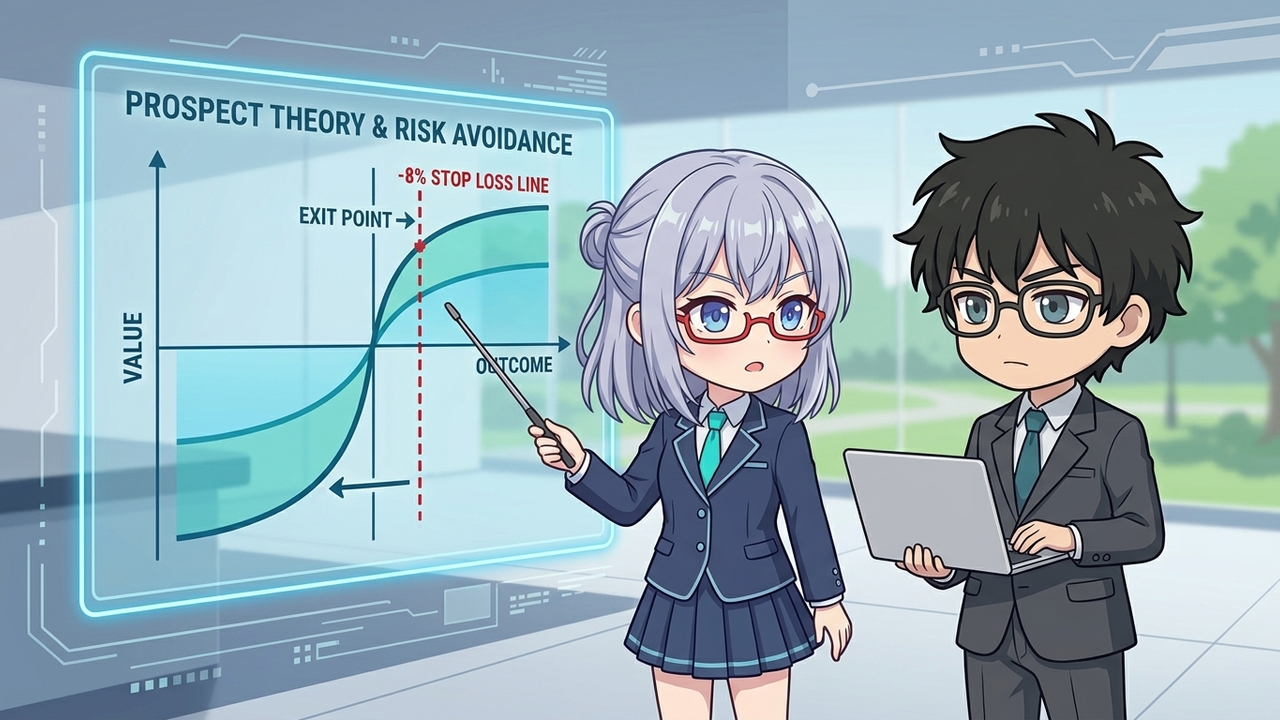解説 - AIちゃんがホログラムのプロスペクト理論曲線（S字カーブ）を指差しながらJさんに説明しているチビキャラ