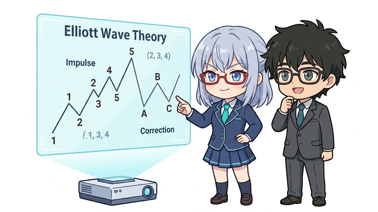 解説 - AIちゃんがホワイトボードにエリオット波動の第1波と第2波、そして損切りラインを図解しているチビキャラ