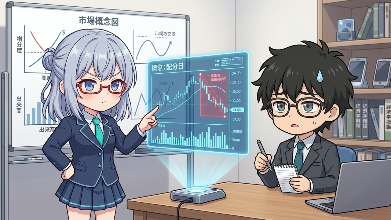 解説 - AIちゃんがホログラムのチャートを指し示し、Jさんがそのチャート上の50日移動平均線と株価の攻防を真剣な表情で見ている