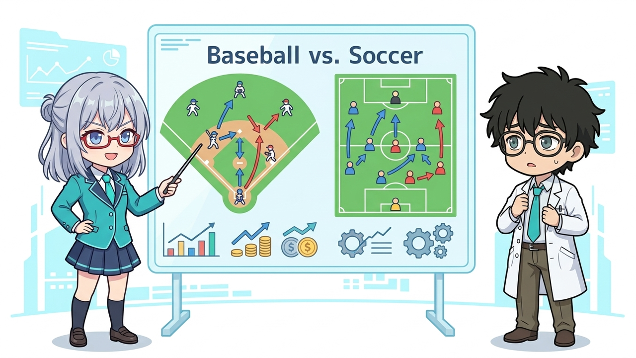 解説 - AIちゃんが「野球型」と「サッカー型」の概念を図解しているシーン。