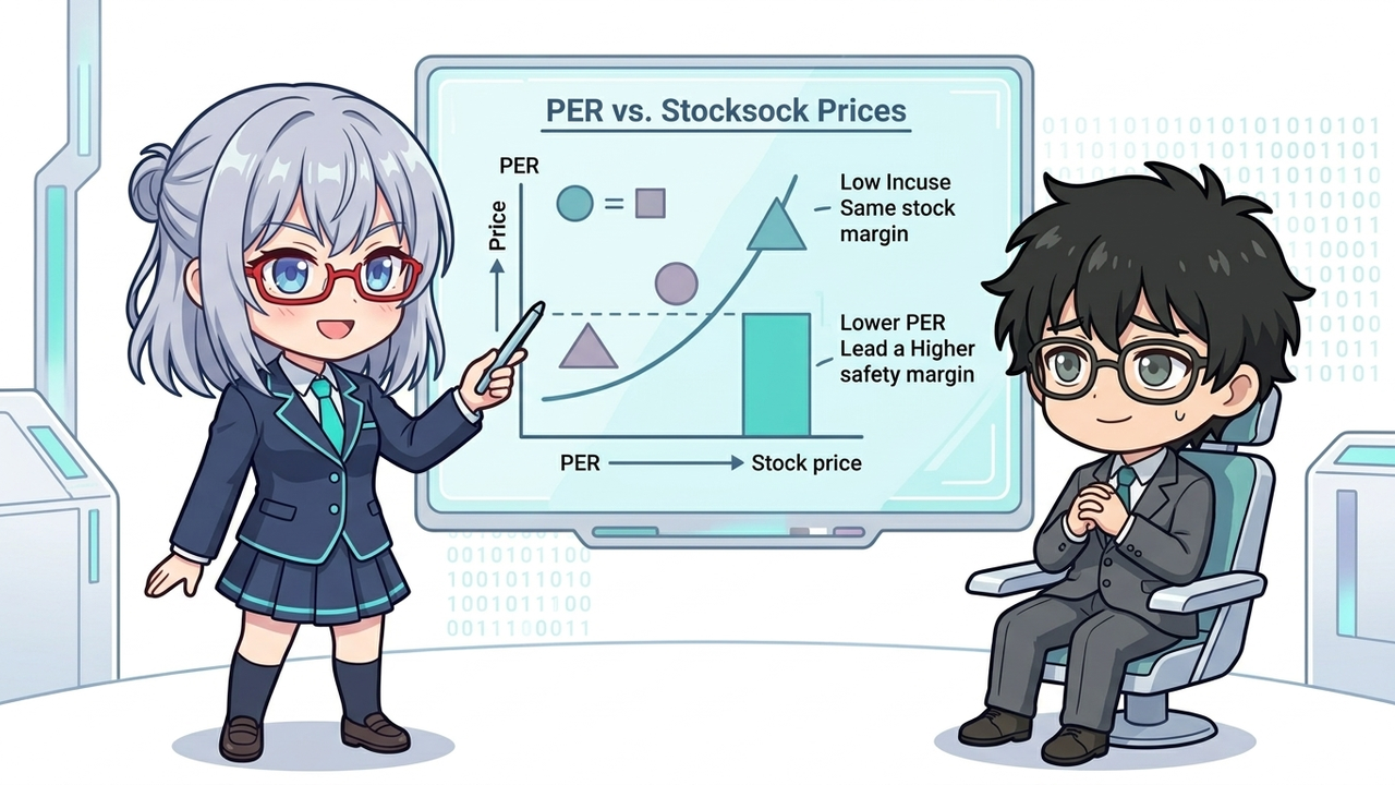 解説 - AIちゃんがホログラムのホワイトボードを使ってPERと株価の関係を図解している。PERが低いほど安全マージンが高いことをグラフで示し、Jさんが納得顔でうなずいている。
