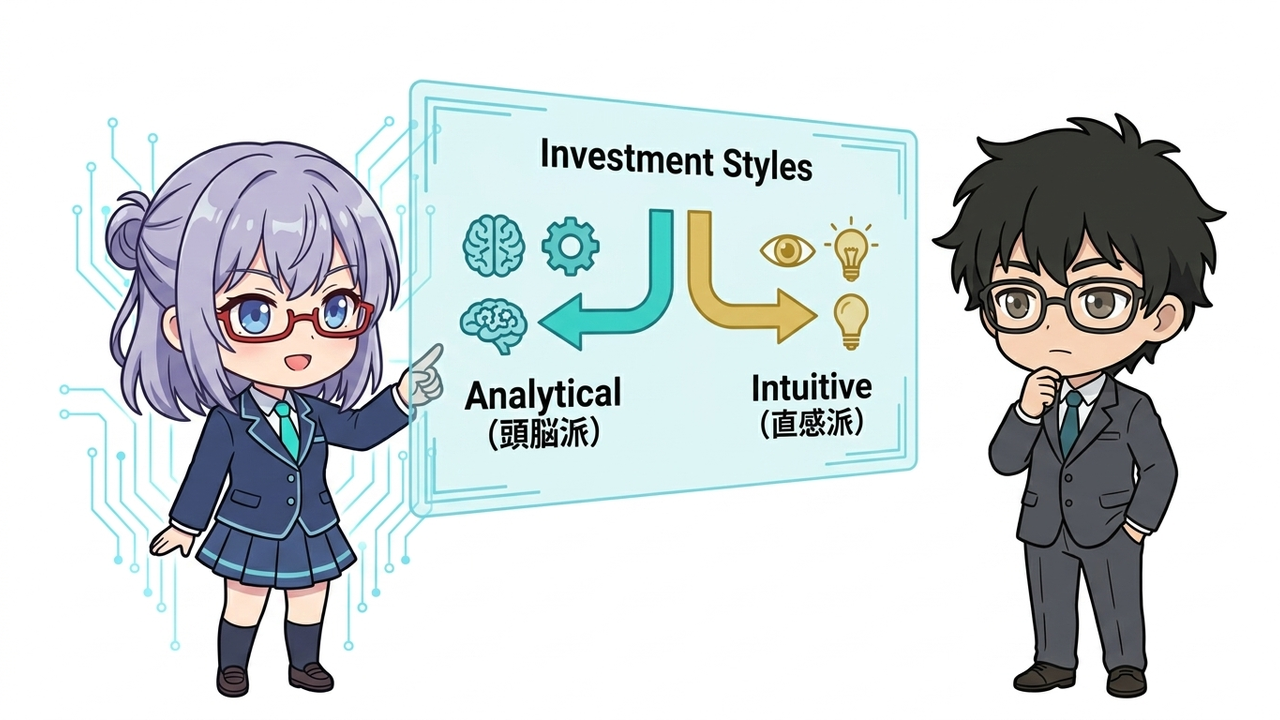 解説 - AIがホワイトボードのようなホログラムに「頭脳派 vs 直感派」と図解し、Jさんが納得顔で見ているチビキャラ