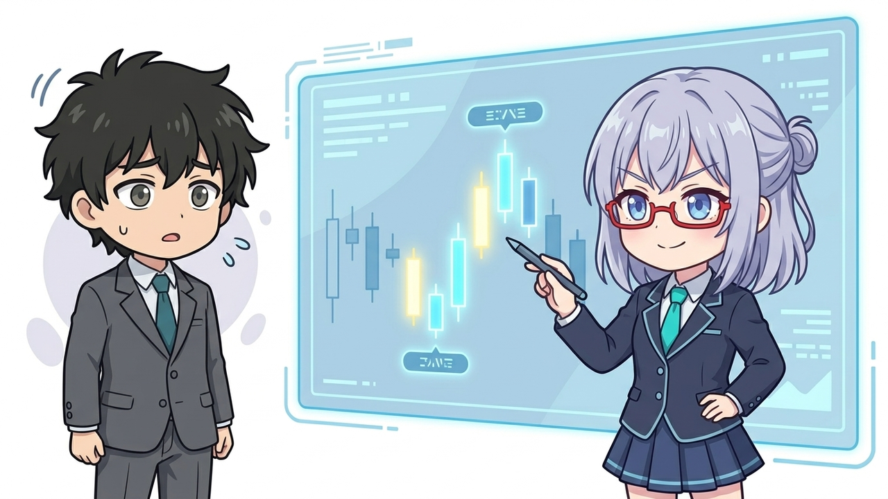 解説 - AI-chan (chibi style, futuristic girl) がホログラムのチャートを指差し、3本のローソク足がハイライトされ、「スイングハイ」「スイングルー」の概念を図解している。J-sanは隣で納得顔で頷いている。