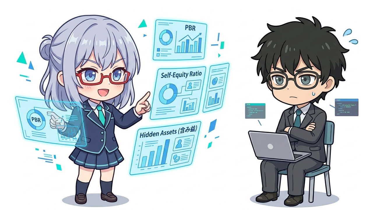 解説 - AIちゃんがホログラムでPBR、自己資本比率、含み益の概念図を指し示し、Jさんが真剣な顔でそれを見ているチビキャラ。