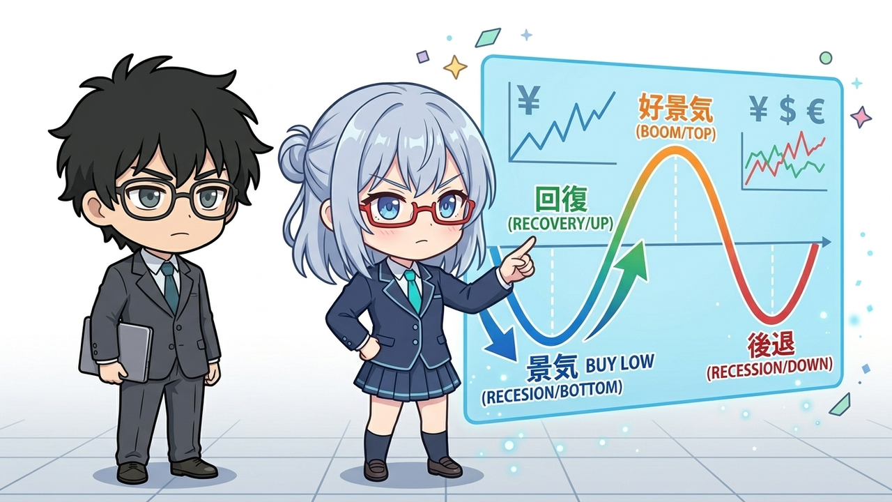 解説 - AIちゃんがホログラムで景気循環のサイクルと株価の推移（不況期の底値買い）を図解している。Jさんは真剣な表情でそれを見ている。