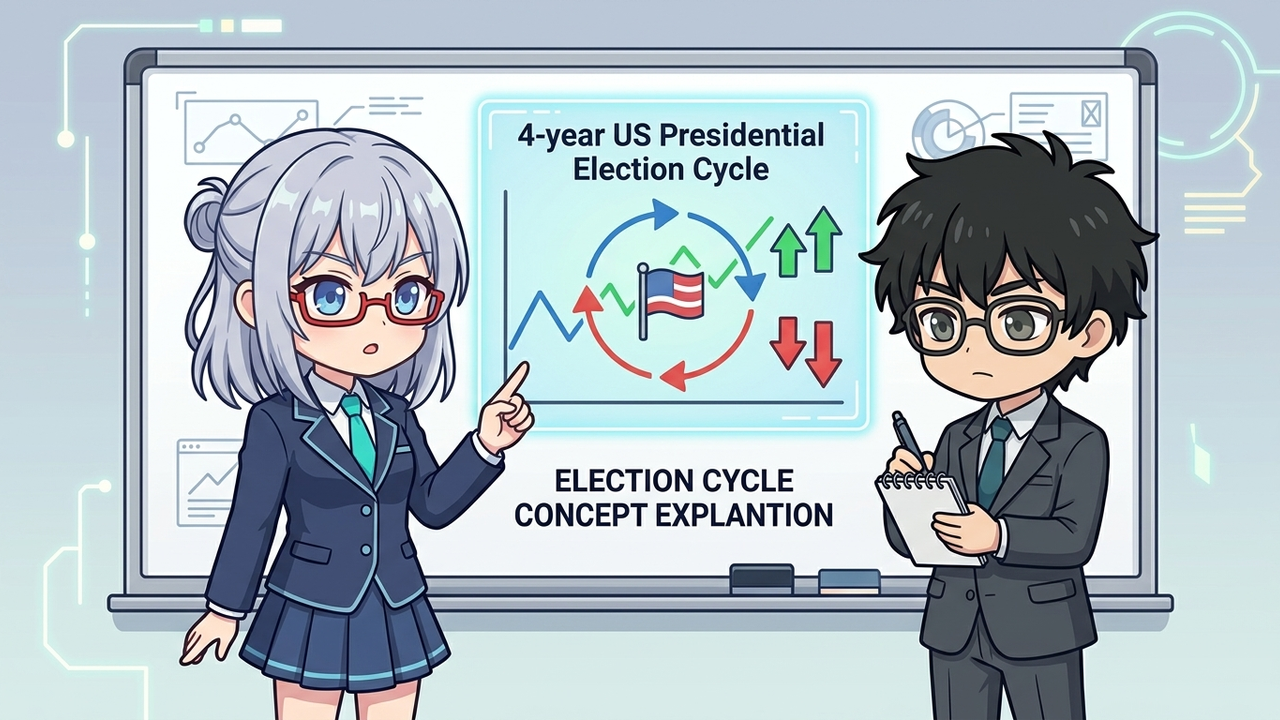 解説 - AIちゃんがホログラムの図を使って、大統領選挙の4年サイクルと株価の変動をJさんに説明しているチビキャラ。Jさんは真剣な表情でメモを取っている。