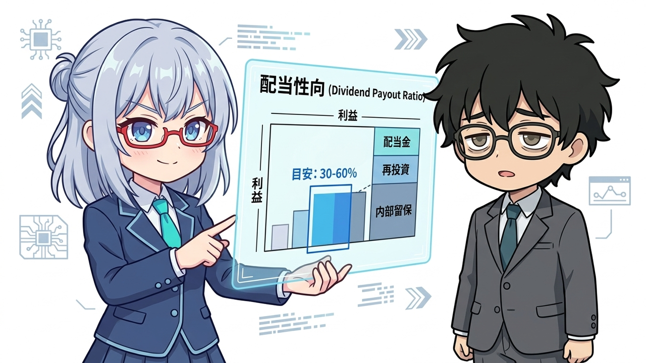 解説 - AI-chan (chibi style, futuristic girl) with a confident expression, using a holographic tablet to show a clear diagram explaining 