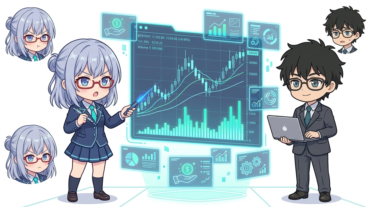 解説 - AIちゃんがJさんに複雑な株価チャートを説明している。出来高のスパイクや移動平均線などの特定のパターンを指差しており、周囲には光るホログラフィックなグラフが表示されている。