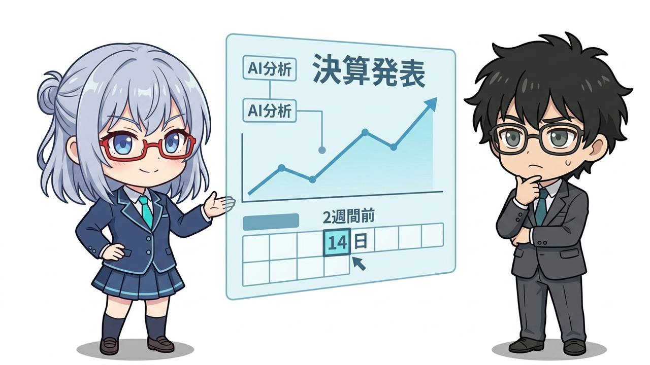 解説 - AIがホログラムで株価チャートや決算発表スケジュールを図解しながら、Jさんに解説しているチビキャラ