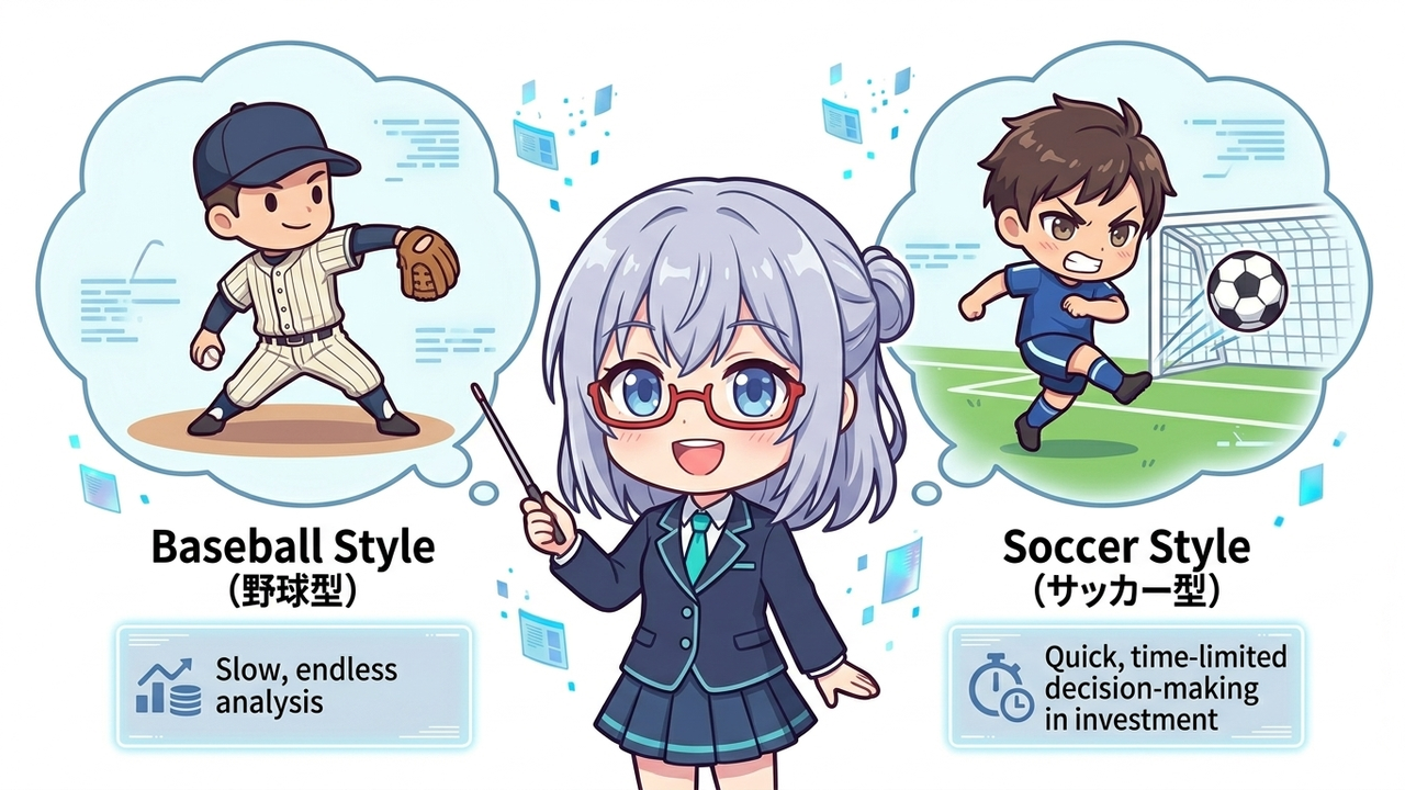 解説 - AIがサッカーボールと野球ボールのイラストを指して、それぞれの投資スタイルの違いを図解しているチビキャラ