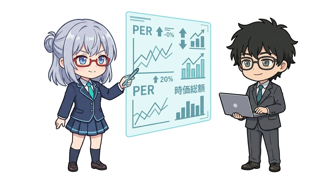解説 - AIちゃんがホログラムのホワイトボードでPERの計算式とグラフを図解し、Jさんが納得顔で見ているチビキャラ