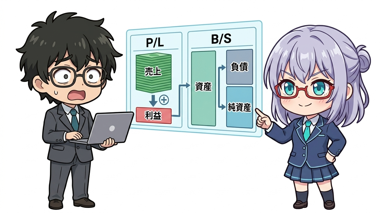 解説 - AIちゃんがPL・BSの概念図をホログラムで立体的に表示し、Jさんが驚いた顔でそれを見ている。図は売上、利益、資産、負債が矢印で繋がり、企業の全体像を示す