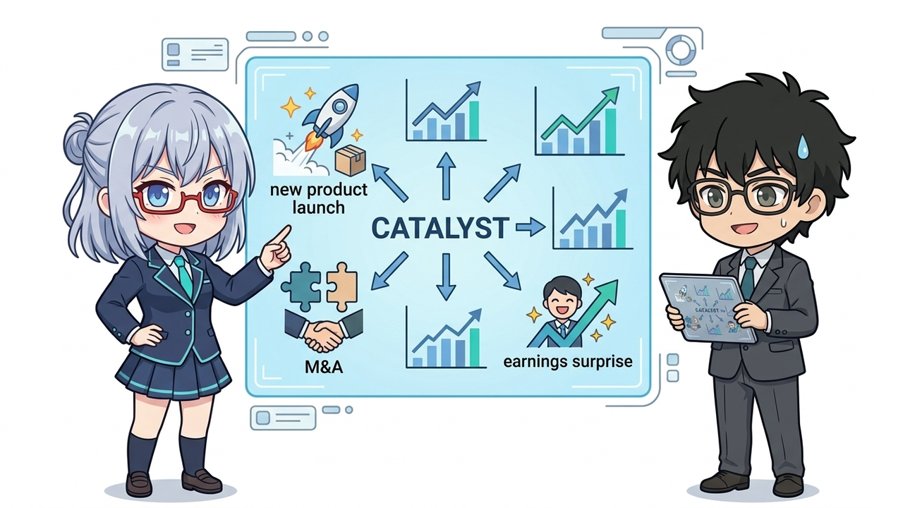 解説 - AIちゃんがホログラムでカタリスト（新製品発表、M&A、規制緩和など）の概念と株価上昇の関連性を図解しているチビキャラ