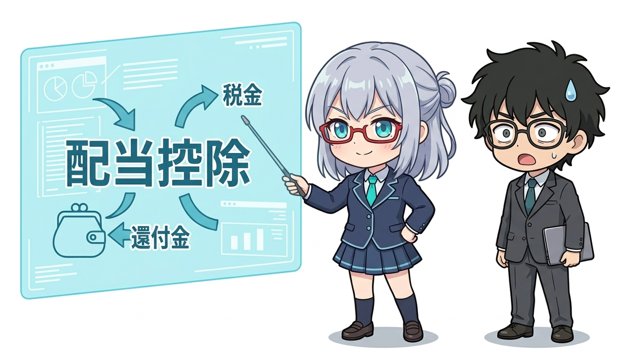 解説 - AIちゃんがホログラムで配当控除の仕組みを図解している。Jさんはその説明に驚き、目が点になっている。