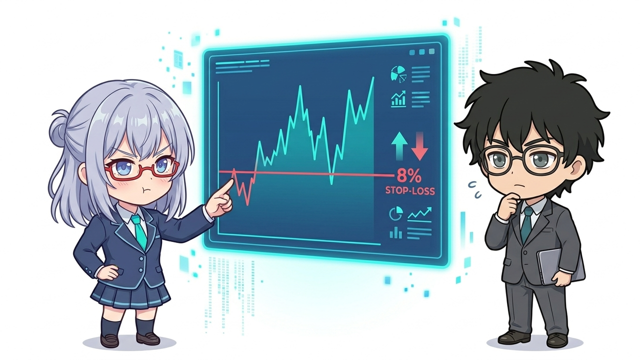 解説 - AIちゃんがホログラムで新高値ブレイク後の急落と8%損切りラインを図解しているシーン