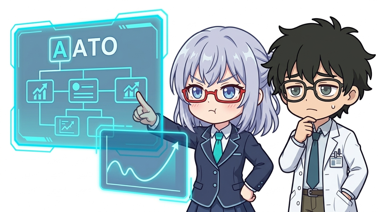 解説 - AIちゃんがホログラムでAATOの概念とUターン型チャートを図解し、Jさんが納得顔でそれを見ているチビキャラ