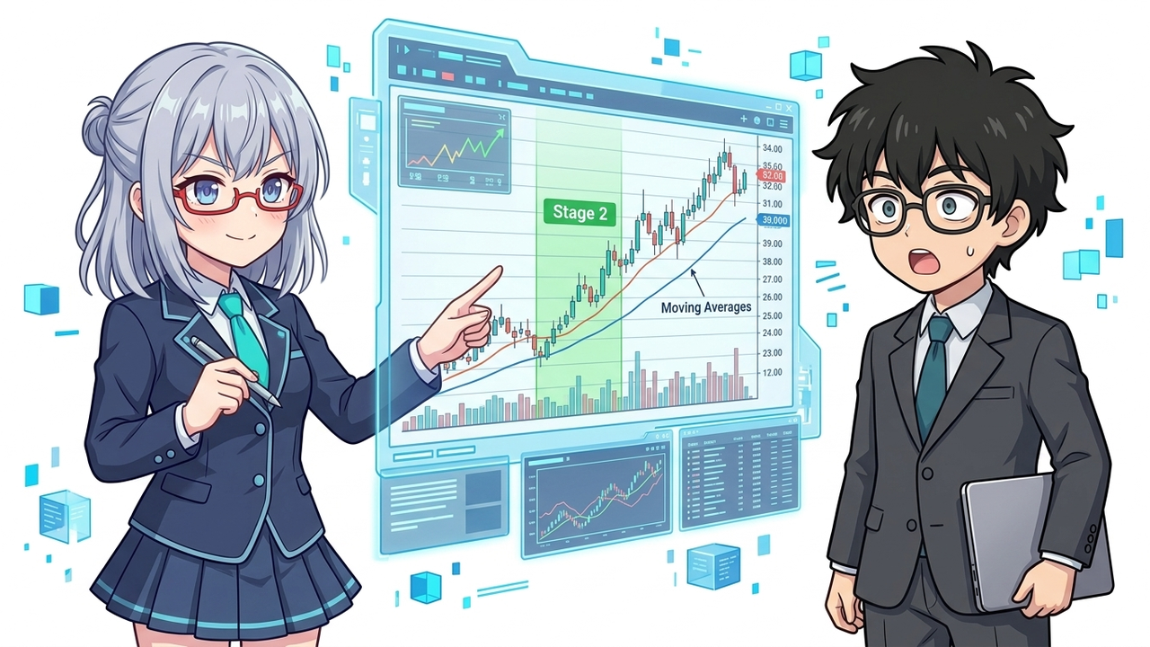 解説 - AIちゃんが「第2ステージ」の株価チャートを指し示し、Jさんが納得した表情で見ているチビキャラ