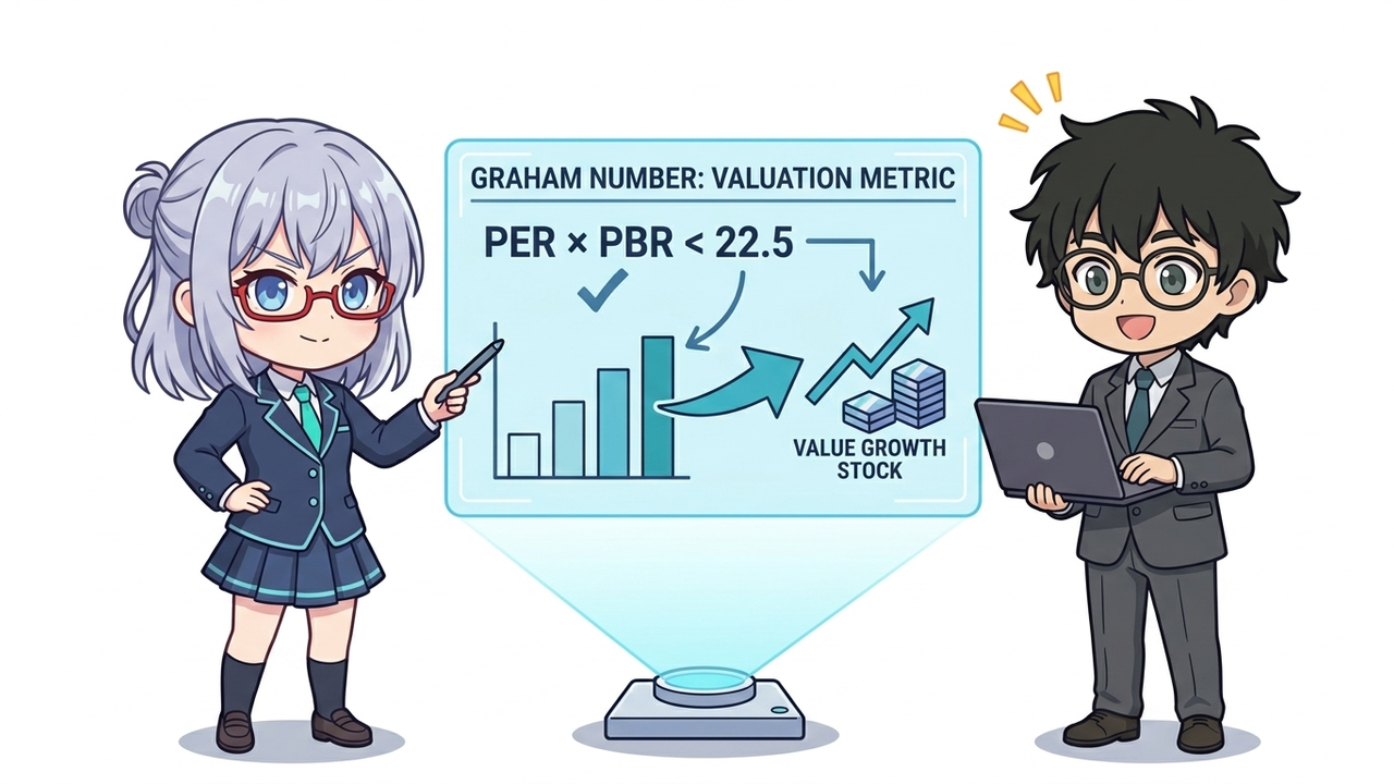 解説 - AIちゃんがグレアム指数の計算式（PER×PBR）と22.5の基準値をホログラムで図解し、Jさんが納得顔でそれを見ているチビキャラ