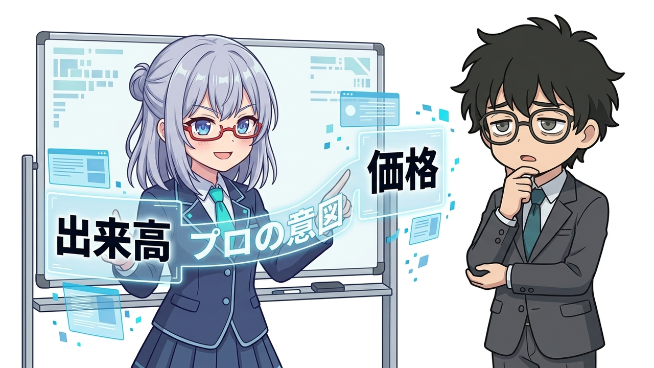 解説 - AIちゃんが「出来高」と「価格」の文字を左右に配置し、その間に「プロの意図」と書かれたホログラムを指し示して解説しているチビキャラ
