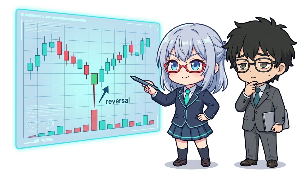解説 - AIちゃんがローソク足の長いヒゲと、その下の出来高グラフを指し示しながら、反転シグナルを解説しているチビキャラ