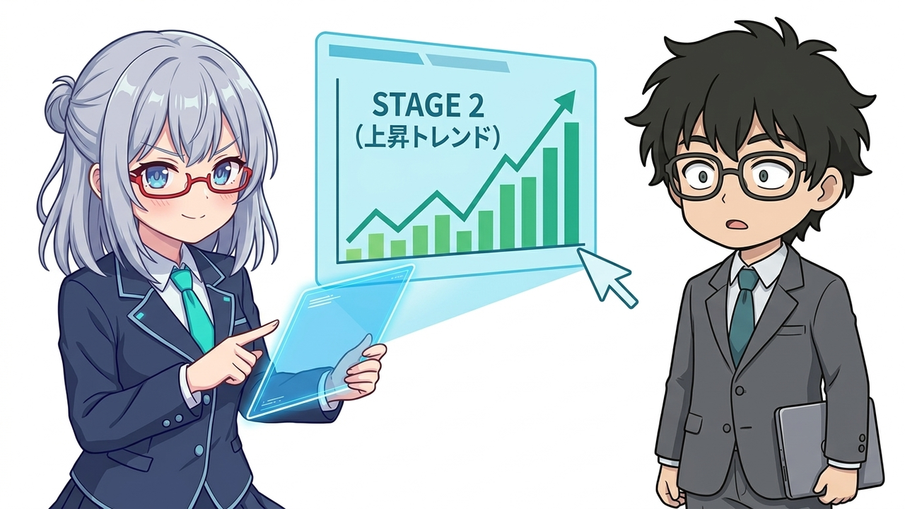 解説 - AIちゃんが株価チャートの第2ステージを指差し、概念を図解しているシーン