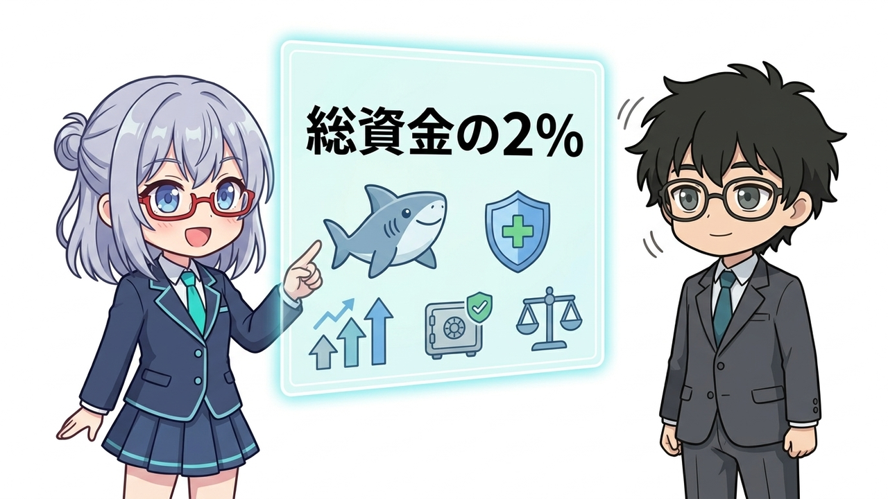 解説 - AIちゃんがホワイトボードに「総資金の2%」と大きく書き、その周りに「サメ」「致命傷回避」などのキーワードをイラストで説明。Jさんが納得した表情で見ている。