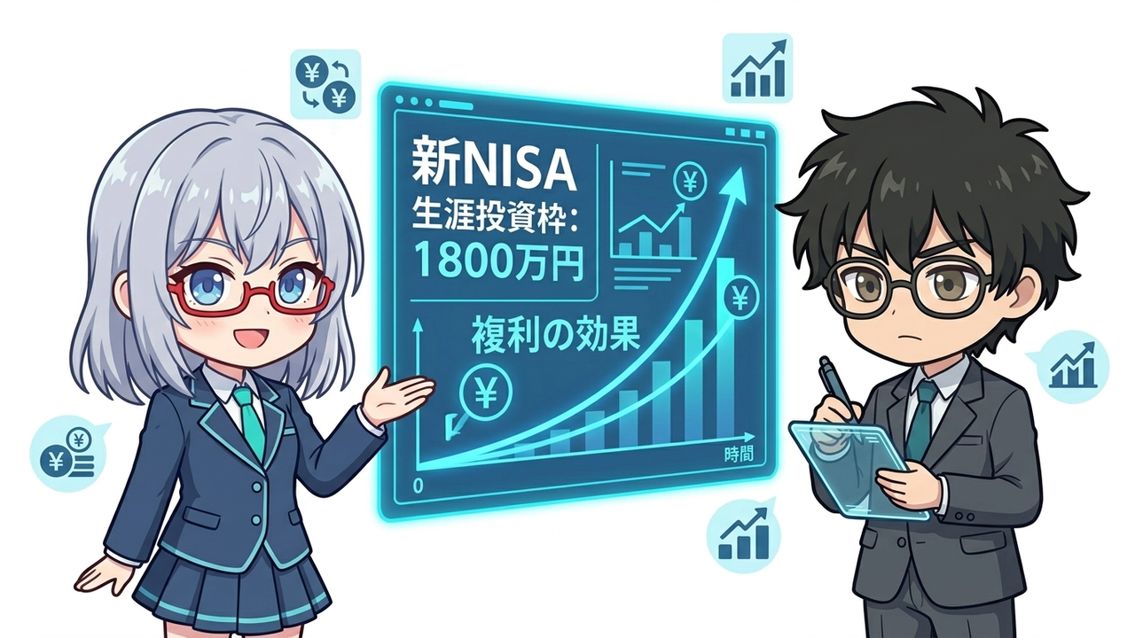 解説 - AIちゃんが新NISAの生涯投資枠と複利効果を図解しているシーン