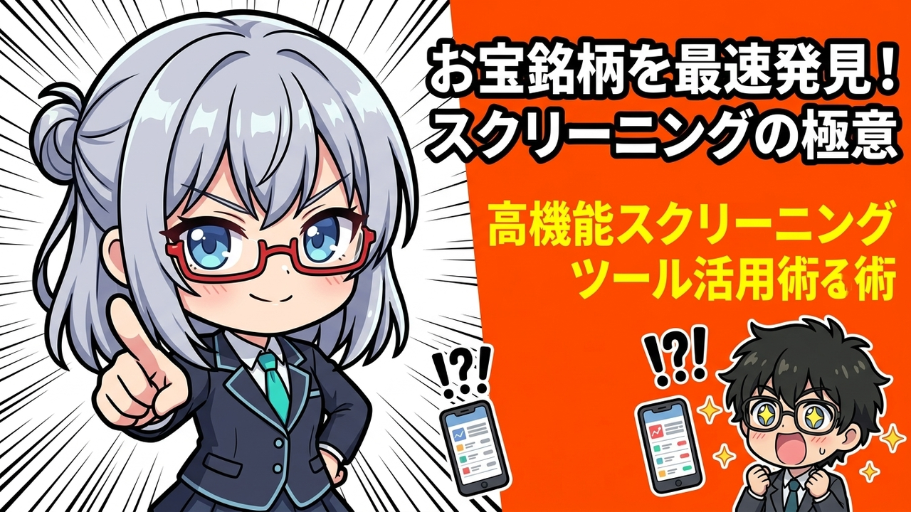実装 - Jさんがmoomoo証券アプリをスマホで操作し、スクリーニング結果画面を見ている。隣でAIちゃんが笑顔で指差しサポートしているチビキャラ