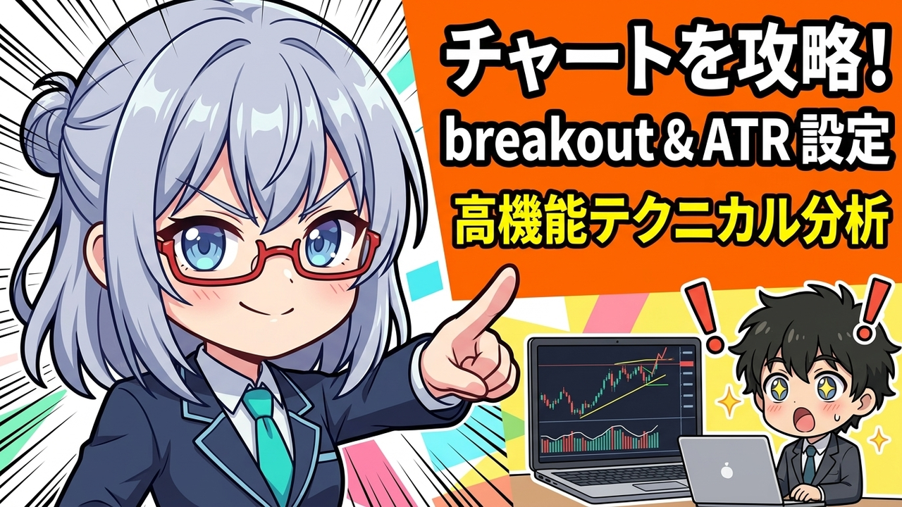 実装 - JさんがPC画面のTradingViewでチャート上にブレイクアウトのラインやATRのインジケーターを表示させ、AIちゃんがその設定方法を指差して教えているチビキャラ。