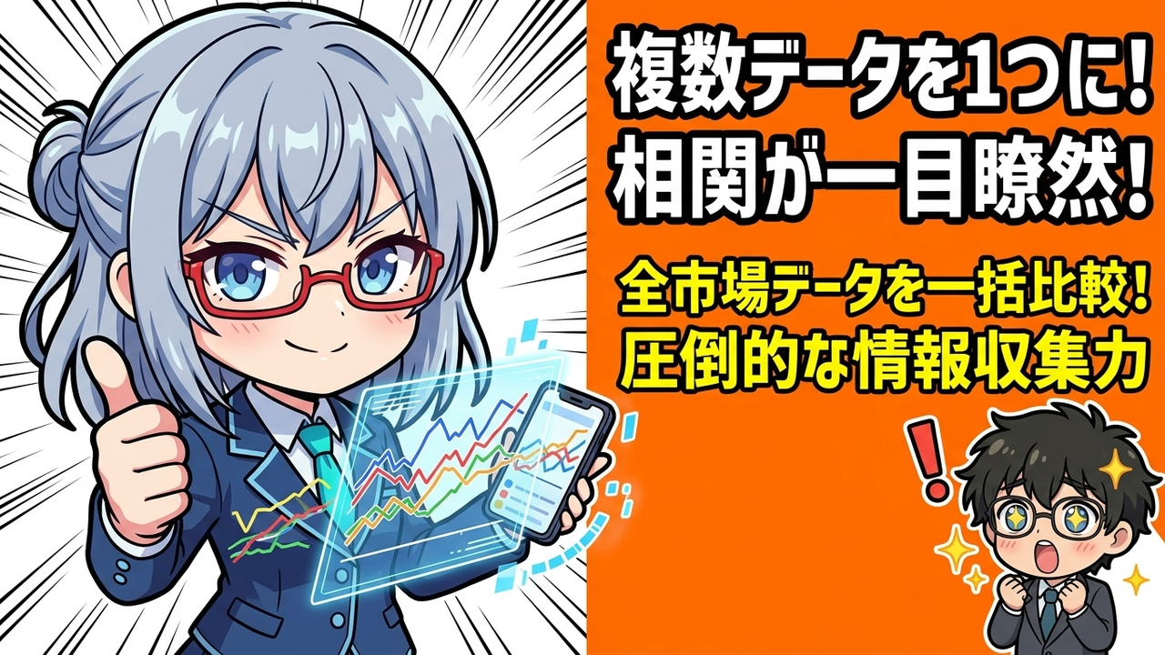 実装 - JさんとAIがmoomoo証券のアプリ画面を真剣に見つめており、複数の市場データ（株価、債券利回り、原油価格など）が1つのチャートに重ねて表示されている