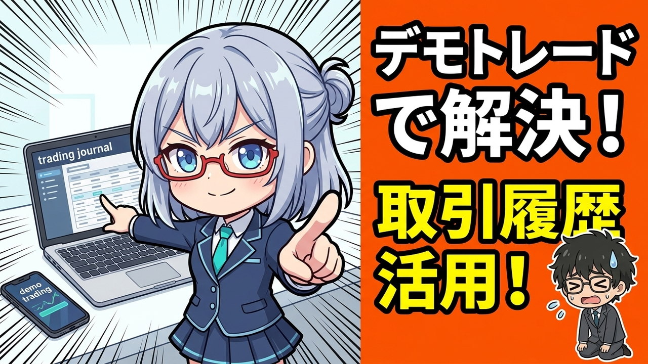 実装 - JさんがPCでトレード日誌をつけたり、デモトレードツールを操作しているチビキャラ、AIちゃんが隣でアドバイスしている