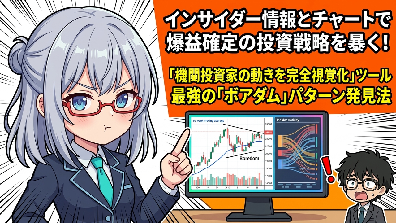 実装 - Jさんがmoomoo証券のアプリ画面を見て、インサイダー取引のデータに驚きながらも関心を示している様子。AIちゃんが隣で笑顔で解説