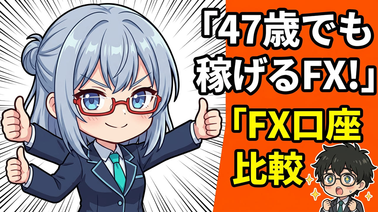 アイキャッチ - JさんがデスクでFX4社のロゴを並べた比較表を凝視している。隣のAIアシスタントのアイちゃんが「4社全部開設した人、初めて見ました」と苦笑している。背景にドル円チャート