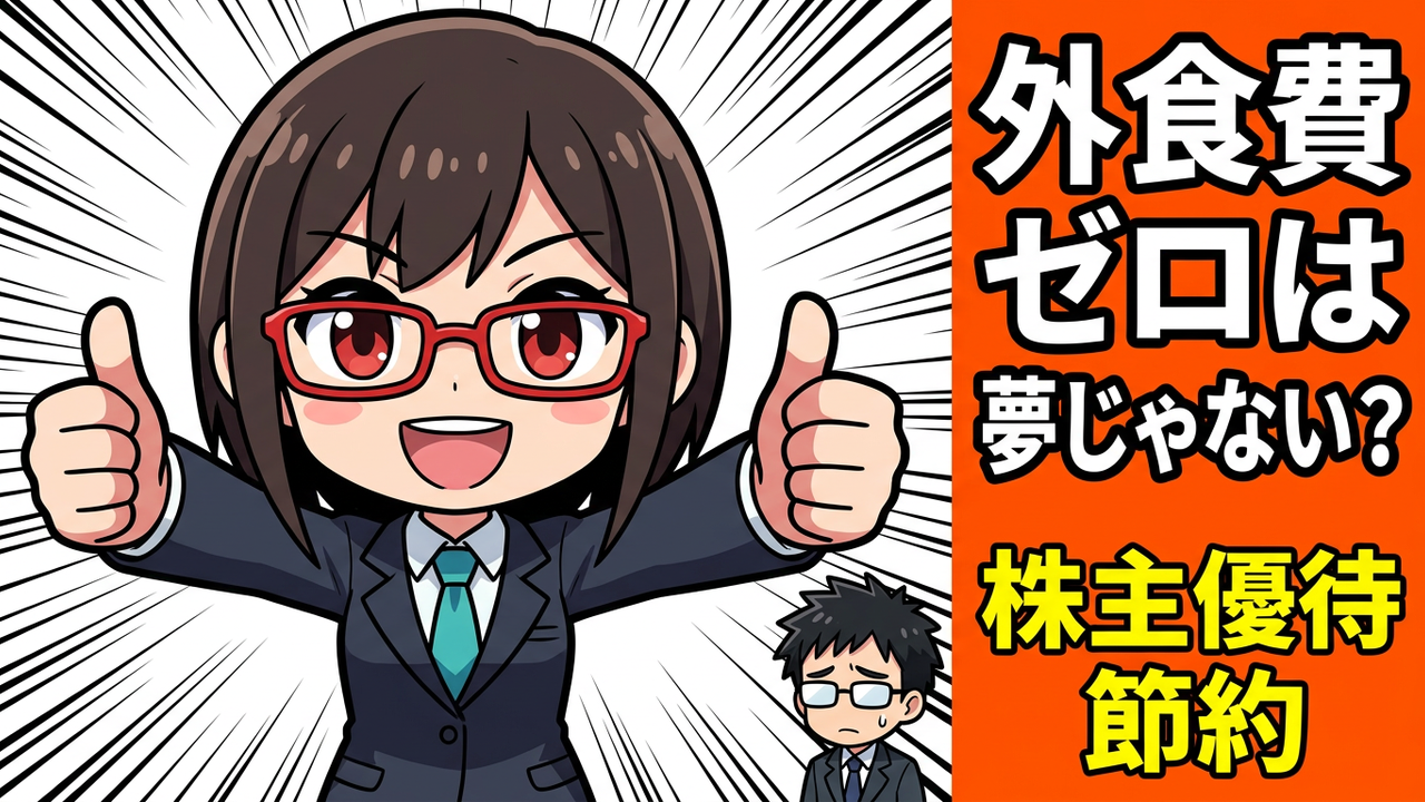 アイキャッチ - AIちゃんが「外食費ゼロ!」のパネルを持ち、Jさんが驚いて財布を見ている。背景に吉野家やすかいらーくのロゴがポップに描かれている