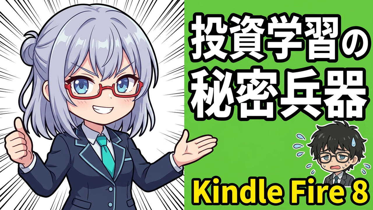 アイキャッチ - AIちゃんがFireタブレットを指差し、Jさんが驚いて見ている、背景にチャートや書籍