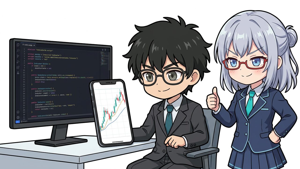 実装 - JさんがPCとスマホを並べ、AIちゃんにアドバイスをもらいながらTradingViewのPineエディタを操作し、インジケーターをテストしている様子