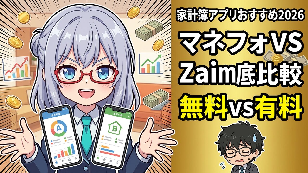 アイキャッチ - JさんとAIが家計簿アプリの画面を見比べているシーン