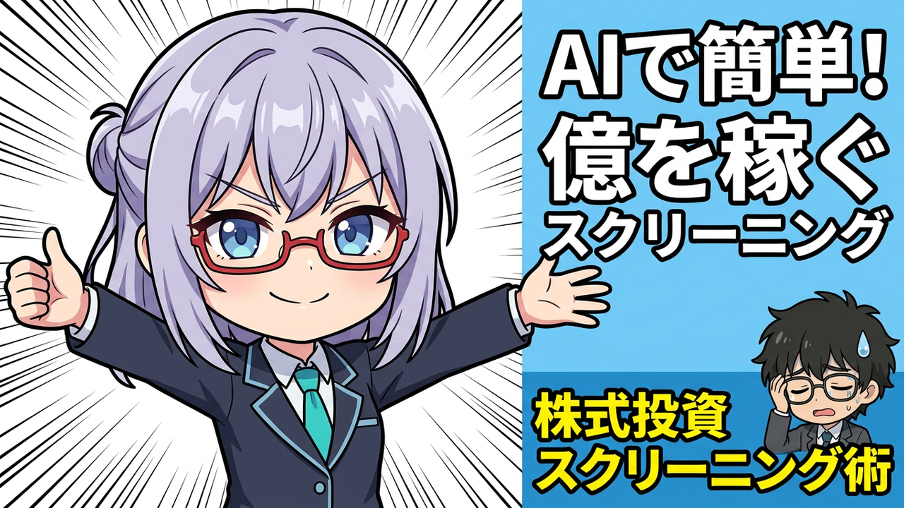 アイキャッチ - JさんとAIがスマホの株価チャートを見ながら驚きと自信の表情。AIが未来の成長株を指差す。背景に急騰するチャートと「1億円」の文字