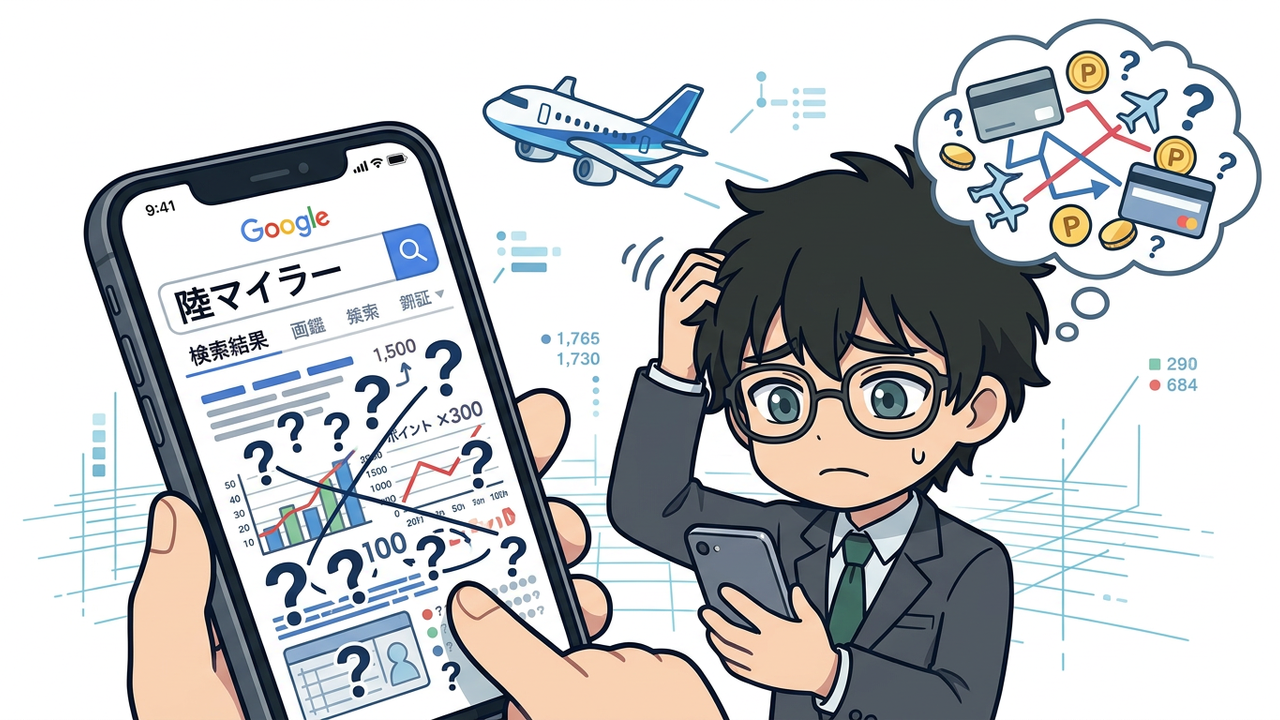 問題提起 - Jさんがスマホを片手に「陸マイラー」という言葉を検索し、眉間にしわを寄せながら「俺にもできるのか？」と悩んでいる様子。背景にはANAの飛行機が小さく飛んでいる。