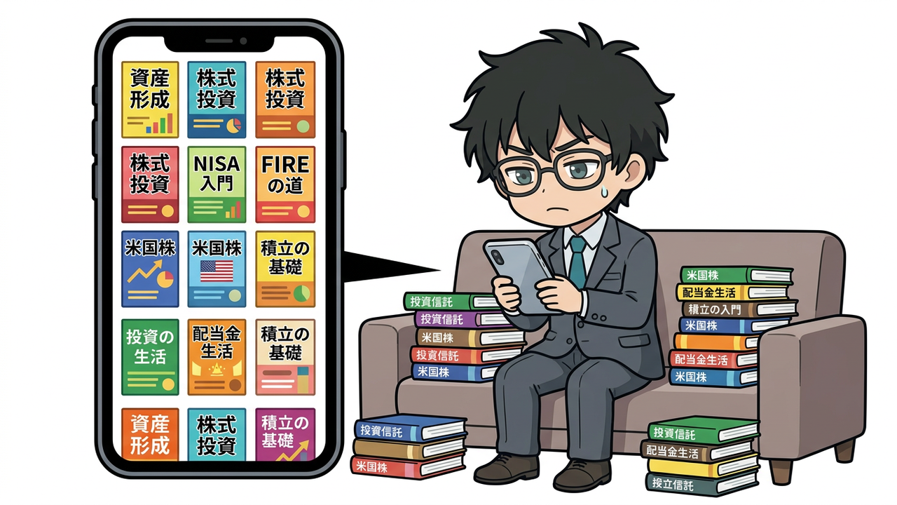 問題提起 - Jさんがスマホやタブレットで投資本をスクロールしているが、どれを選べば良いか困惑している表情