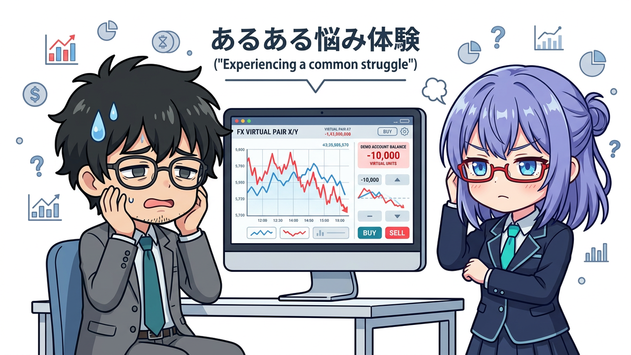 問題提起 - JさんがPC画面を見て難しい顔をしている、DMMFXのデモ口座画面が映っている