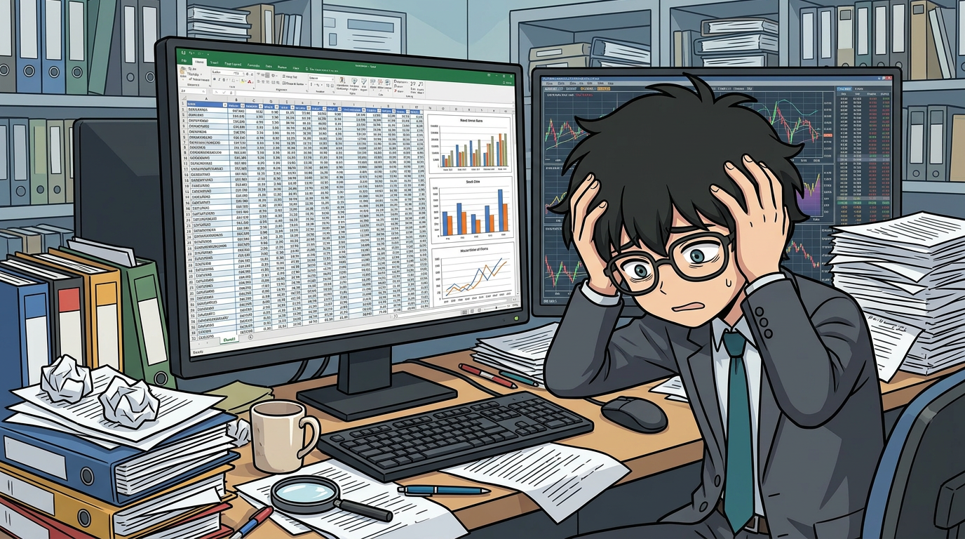 問題提起 - Jさんが机に散らばった投資本や資料を前に頭を抱え、困り果てた表情をしている