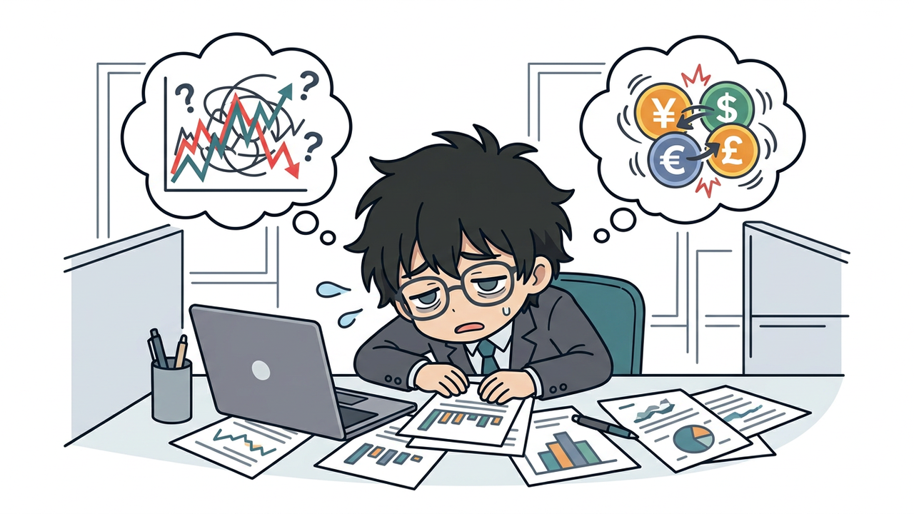 問題提起 - Jさんが机に突っ伏し、FXと株のアイコンが頭の上でぐるぐる回っている様子