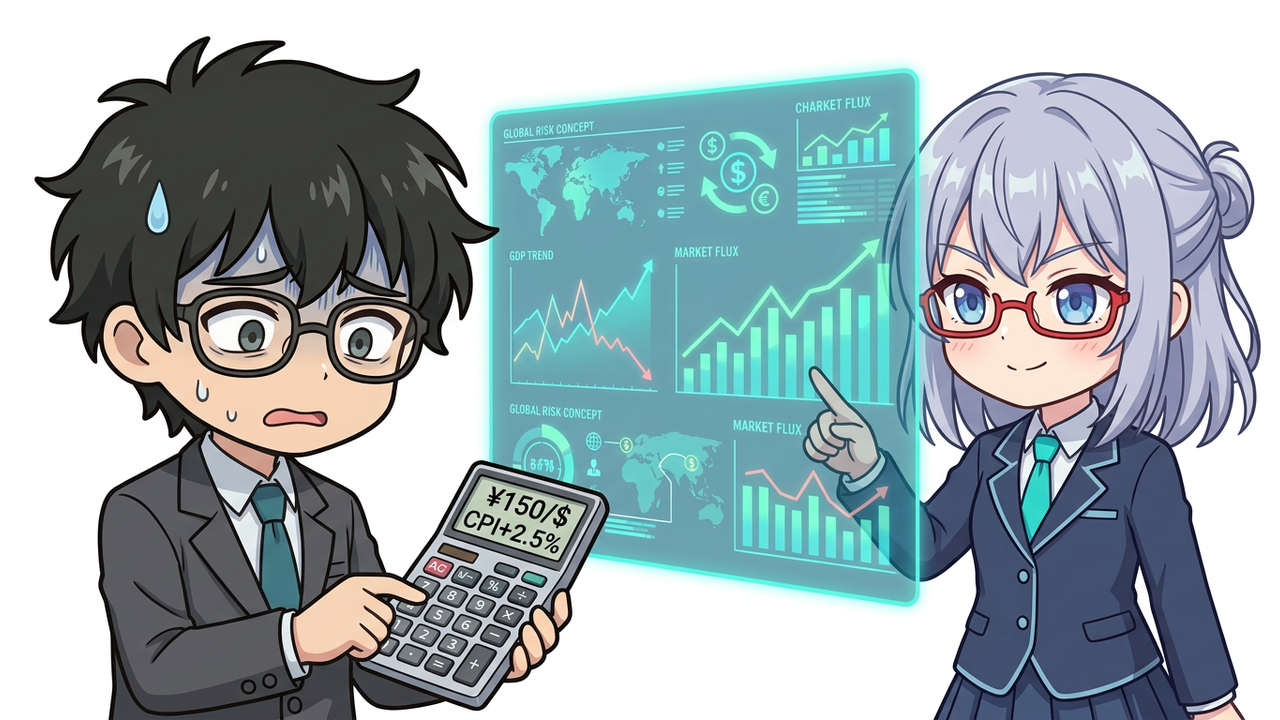 問題提起 - Jさんが悩んだ顔で電卓を見つめており、AIちゃんがその隣で世界の経済指標が書かれたホログラムを見せている