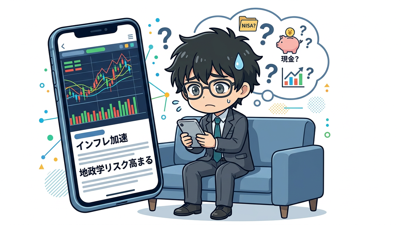 問題提起 - Jさんがスマホを見ながら、経済ニュースや株価のチャートに困惑している表情で悩んでいるシーン