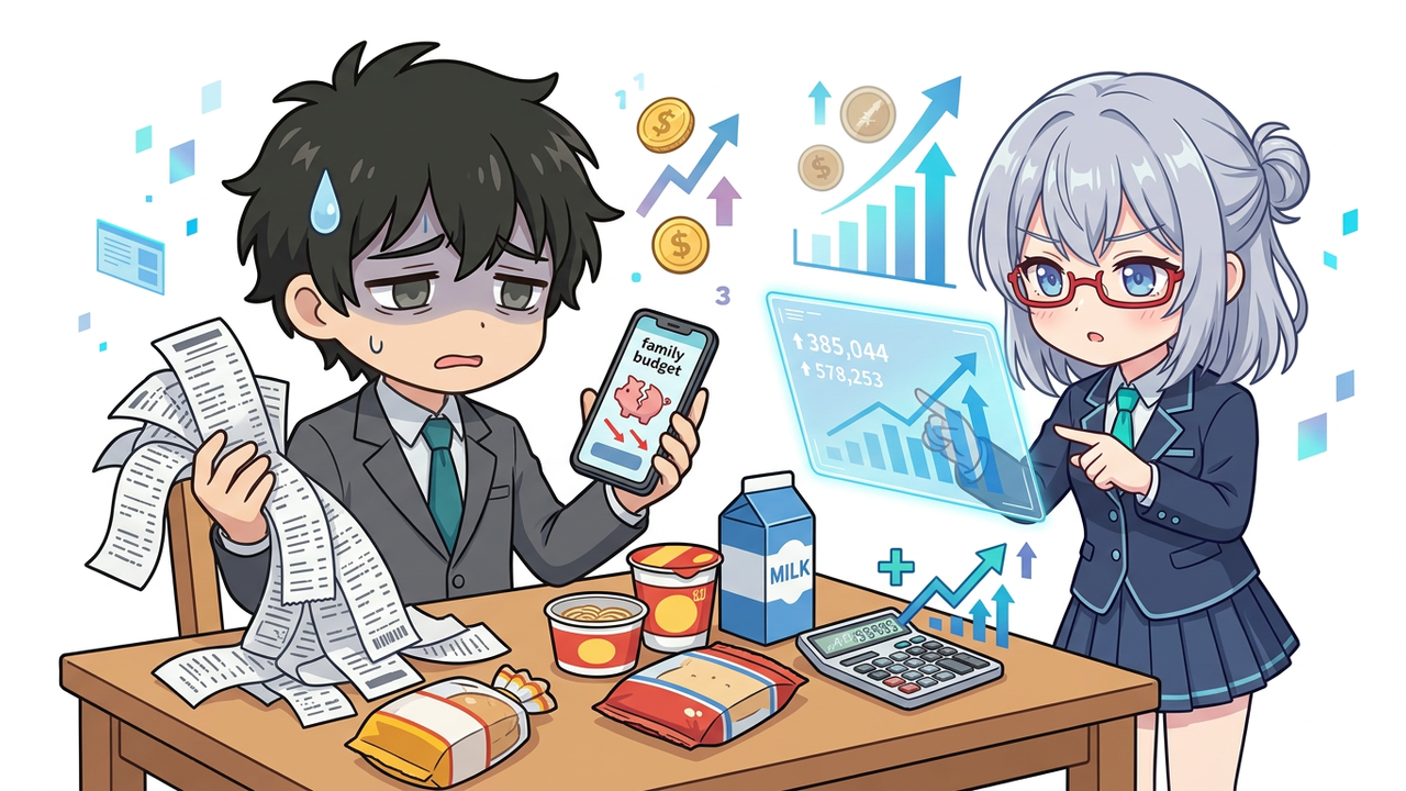 問題提起 - Jさんが自宅のキッチンで、スマホ片手に大量のレシートを見て頭を抱え、困った表情をしているイラスト