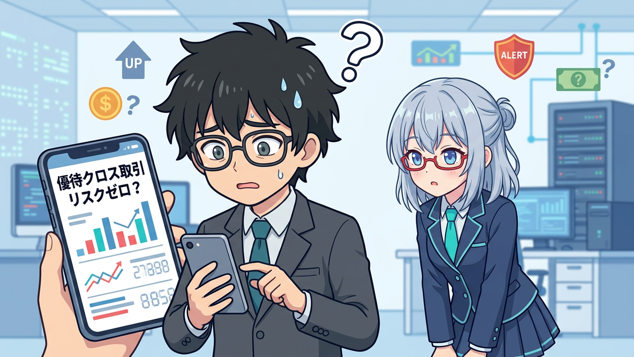 問題提起 - Jさんがスマホで優待クロスの記事を読んでおり、顔には「はてな」と「あせ」の汗マークが浮かんでいる。